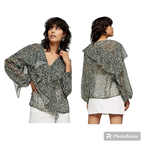 TOPSHOP top, black with floral green and rose Asymmetrical ruffles front to back - Picture 1 of 7